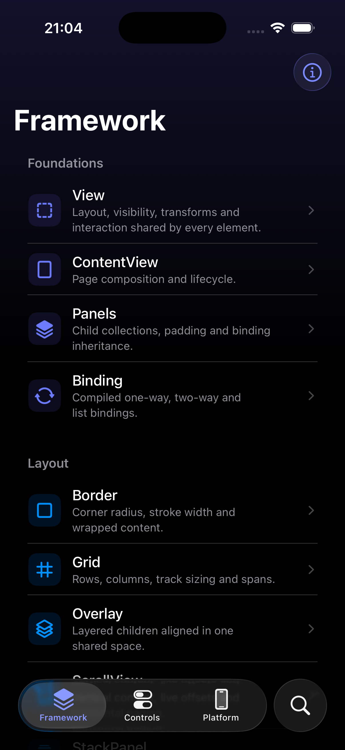 Framework section of the SkeleKit Gallery on iPhone, dark appearance