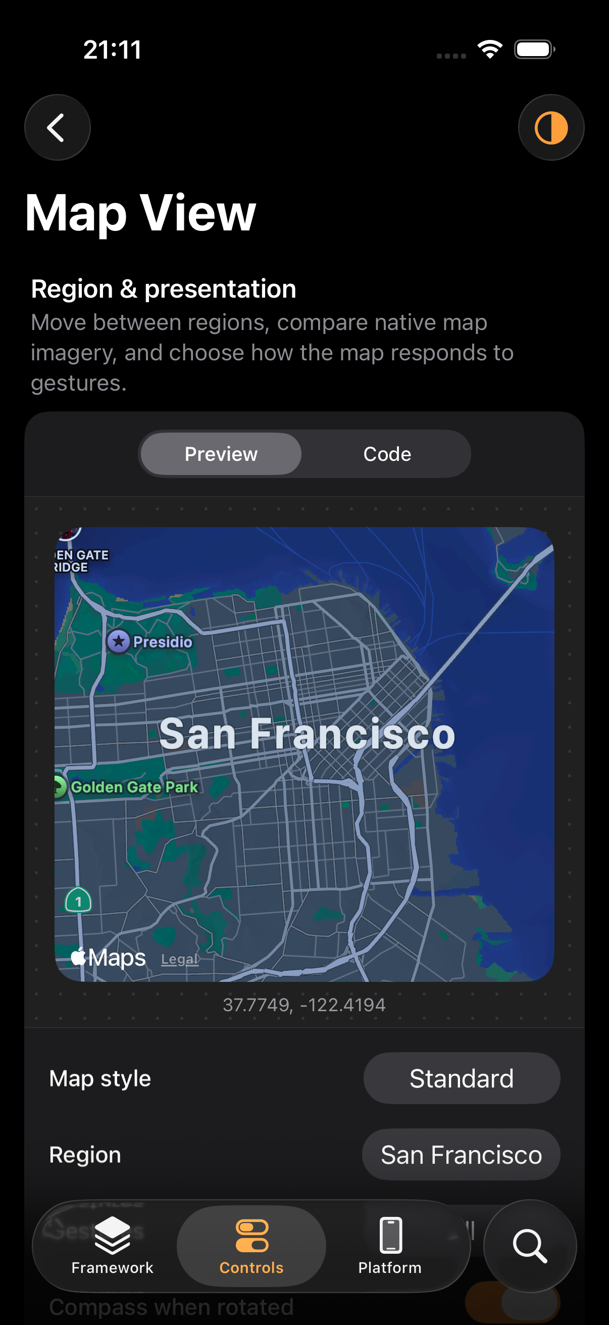 Map control in the SkeleKit Gallery on iPhone, dark appearance