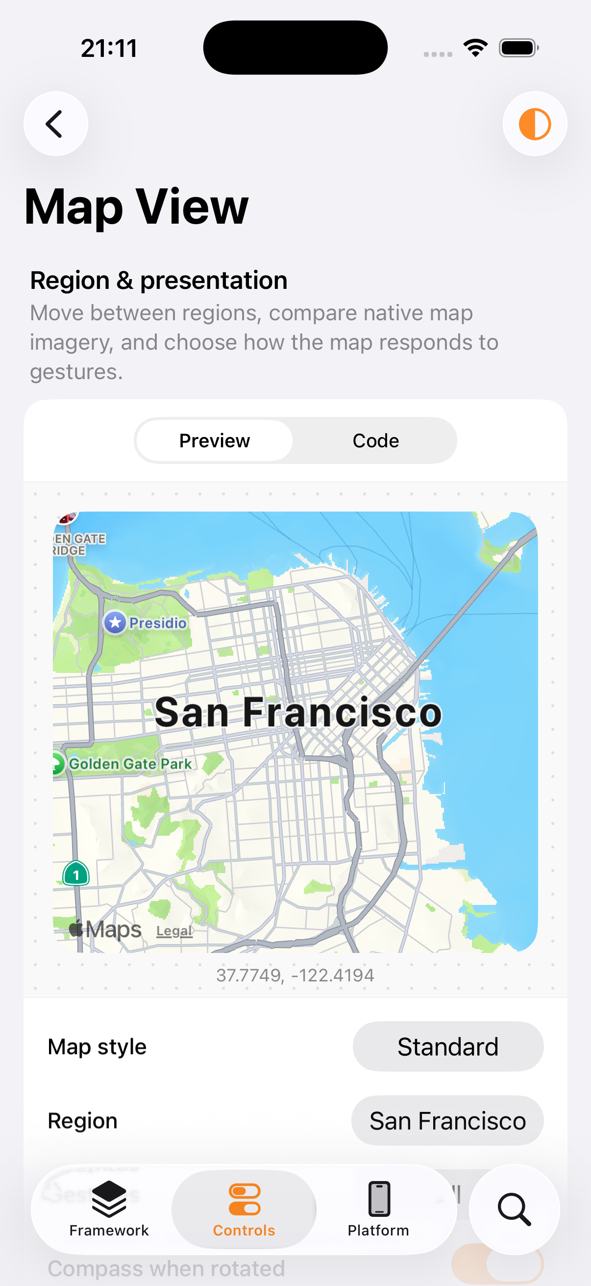 Map control in the SkeleKit Gallery on iPhone, light appearance