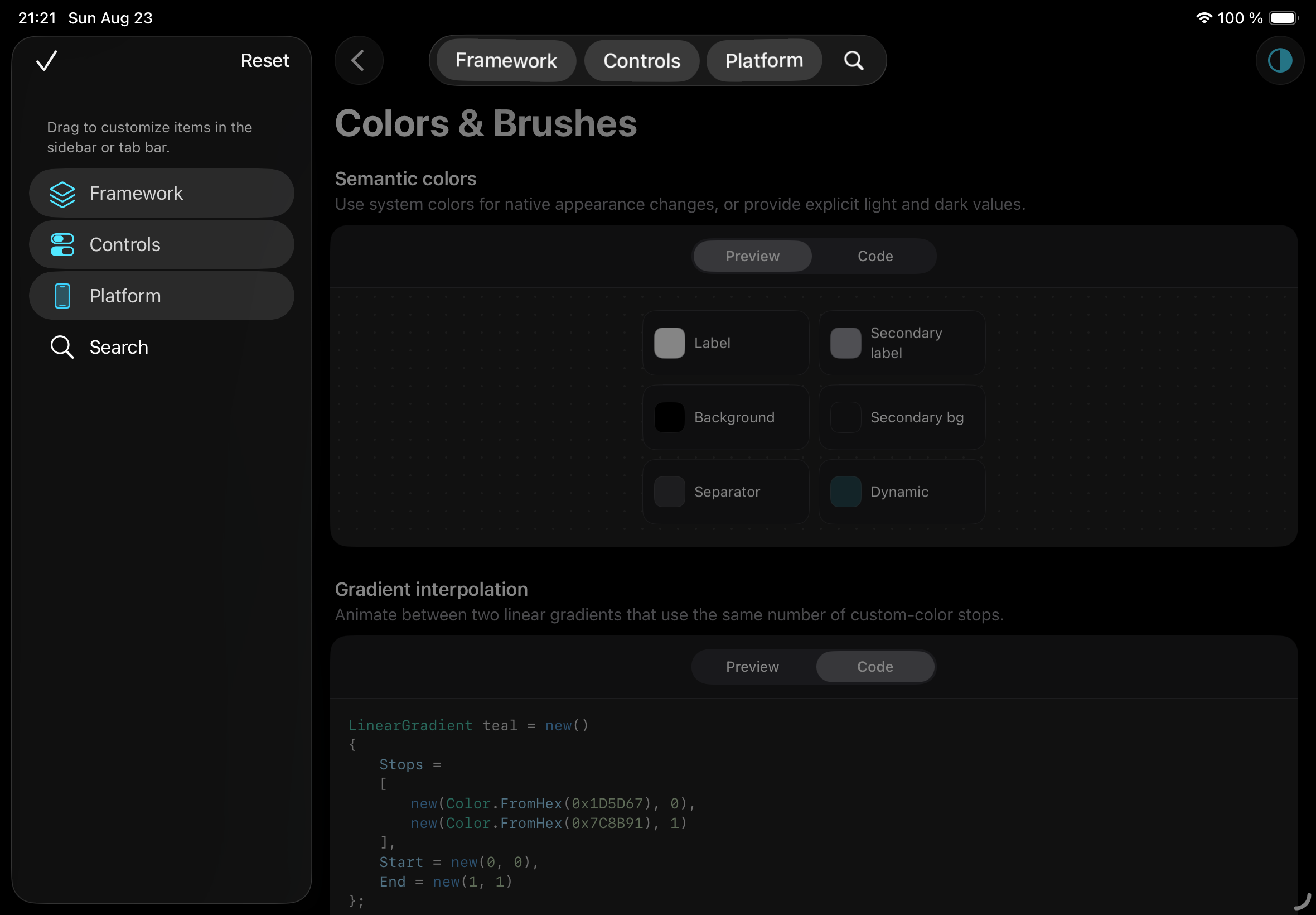 Adaptive tabs and sidebar in the SkeleKit Gallery on iPad, dark appearance
